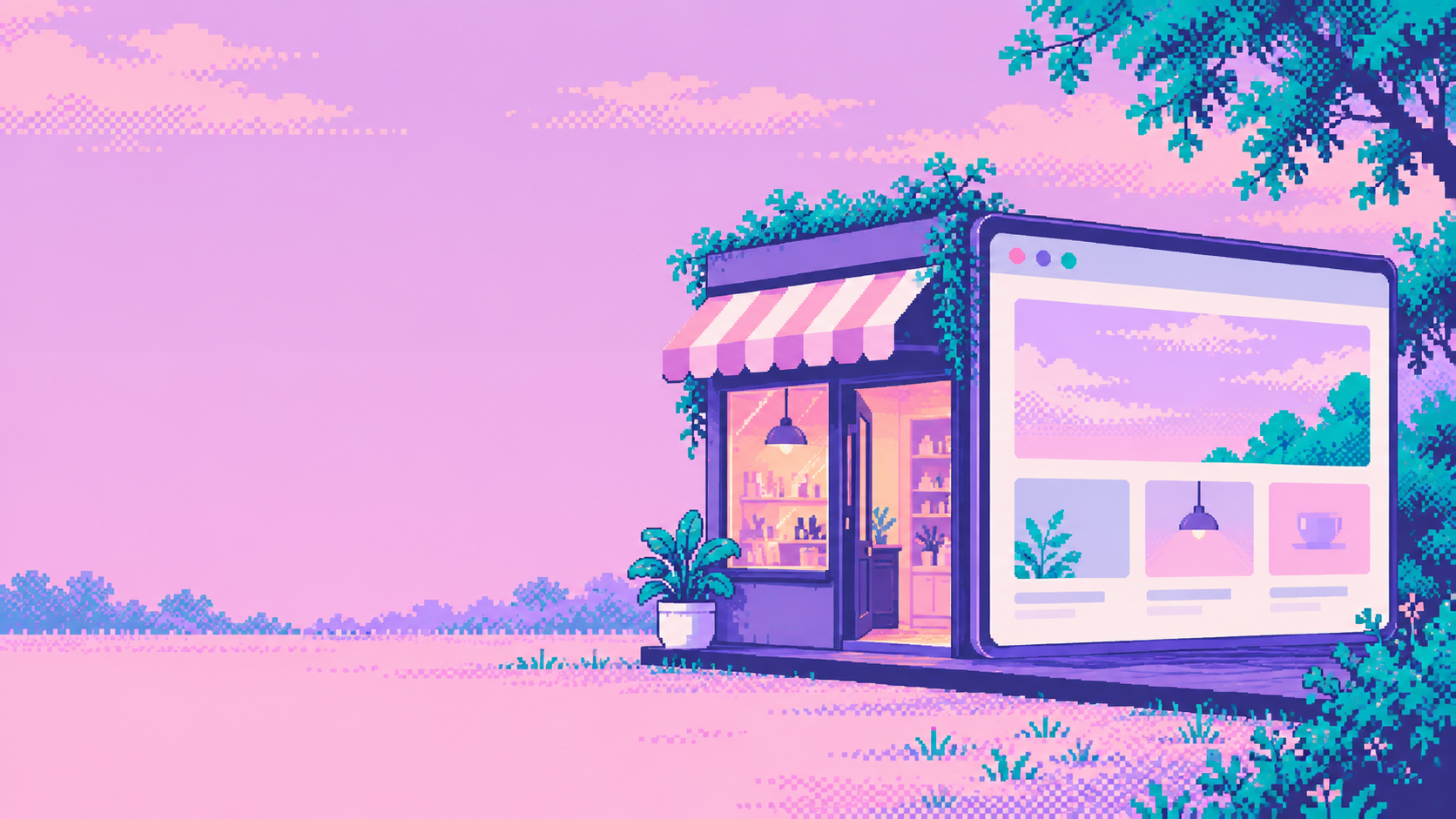 Pixel-art illustration of a neighborhood shop becoming a website preview.